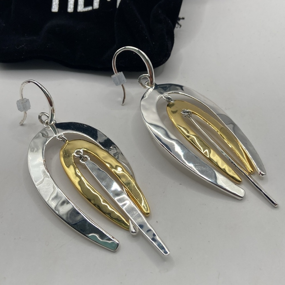 Robert Lee Morris Hammered 2 Tone Dangle Earrings Yellow White Bronze Pierced - Picture 10 of 12